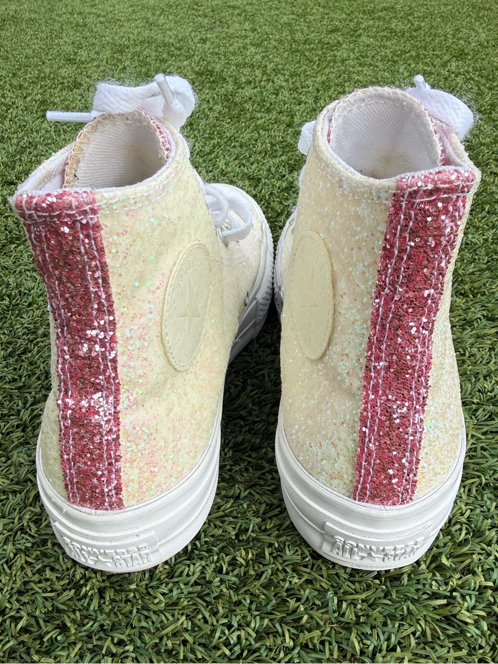 Converse All Star Pink and White Glitter High-Top Platform Sneakers - Picture 4 of 8